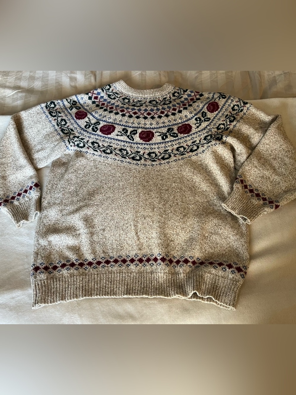 Northern Reflections Cotton/Wool Cozy Cream Fair Isle Sweater with Roses size XL